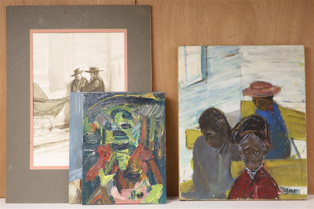 Follower of Beverly Pepper (1922-2020), oil on card, Three seated figures, signed, 43 x 35cm, unframed, and three other pictures